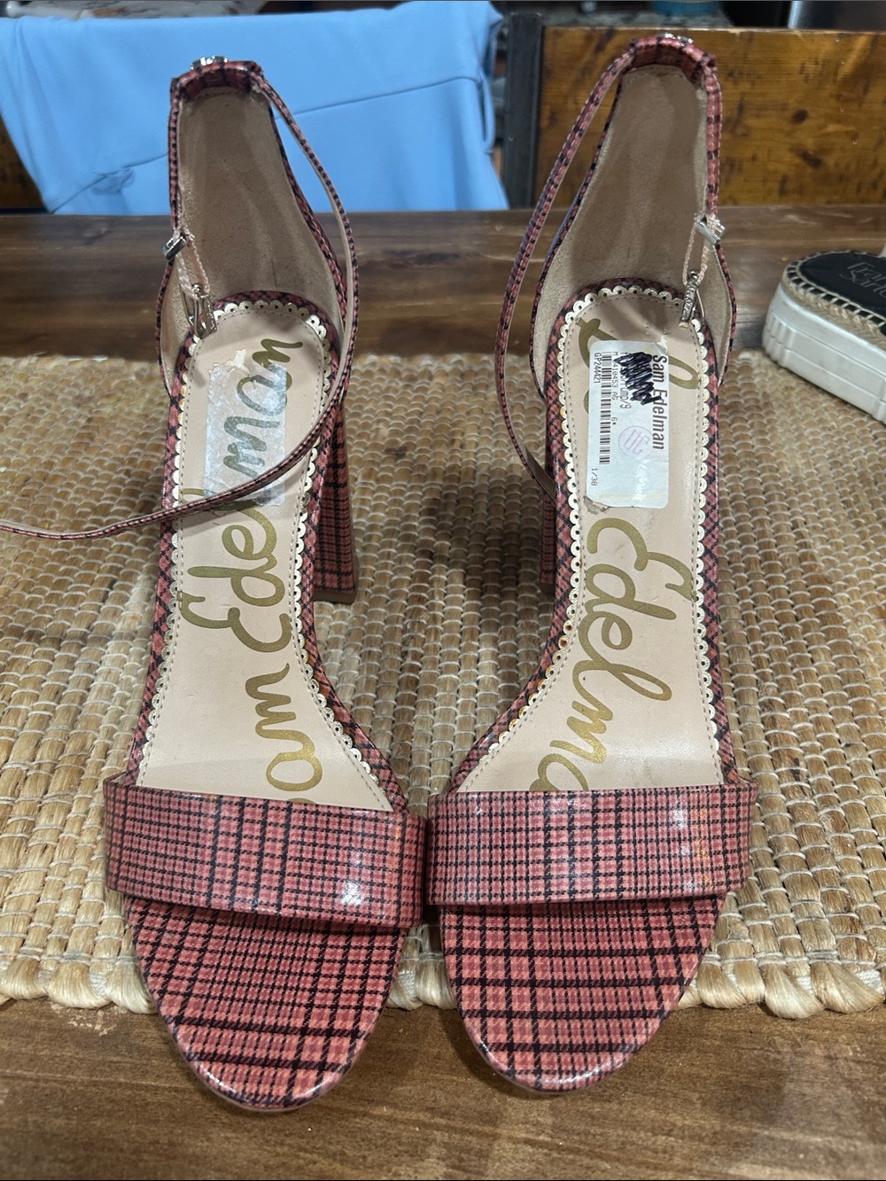 Sam Edelman Pink Plaid Ankle-Strap Block Heel Sandals